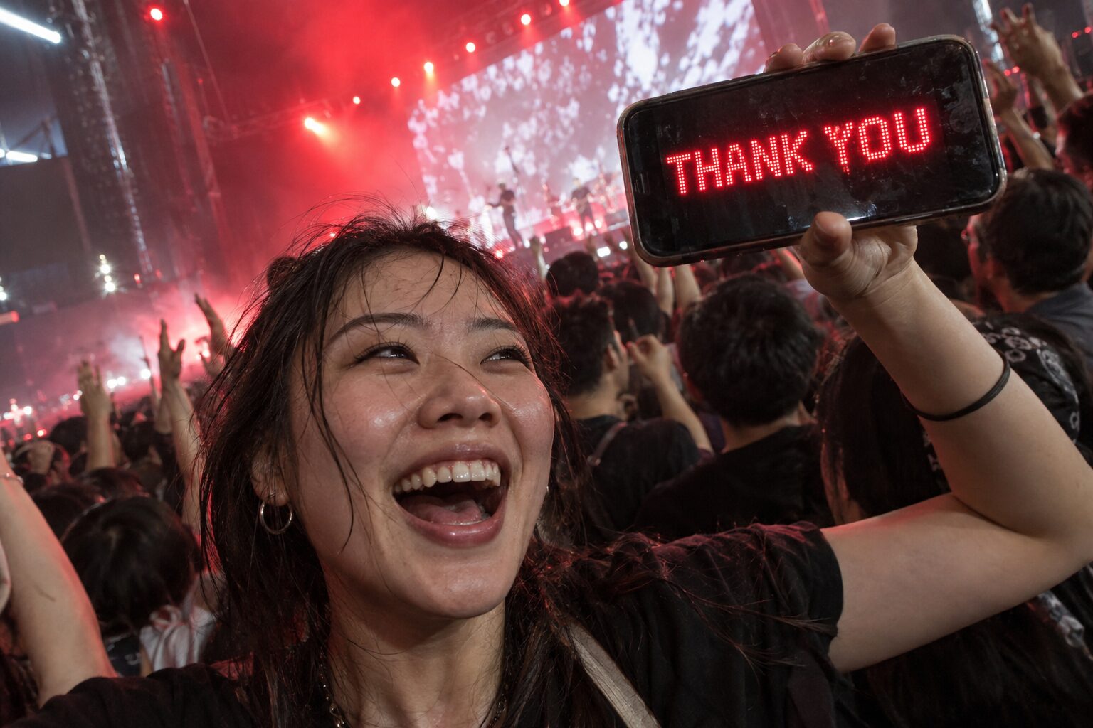 Hands holding an LED message at a live show