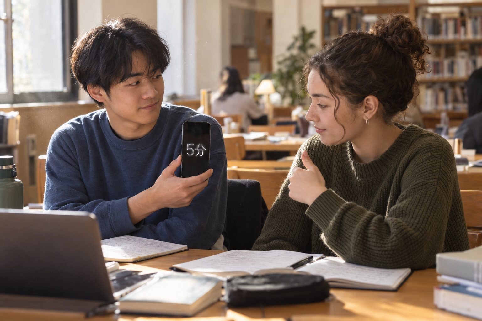 図書館で5分のLEDメッセージを見せ合う学生
