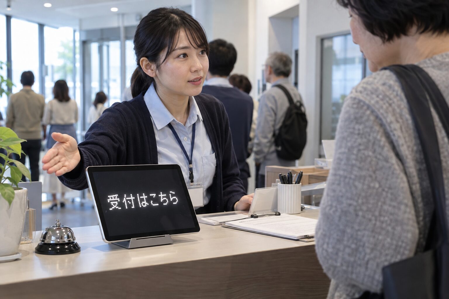 An iPad sign on a reception desk