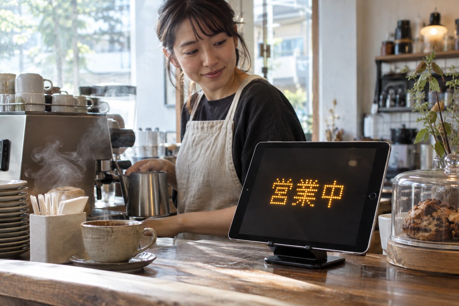 朝のカフェカウンターで営業中を示すiPad看板とバリスタ